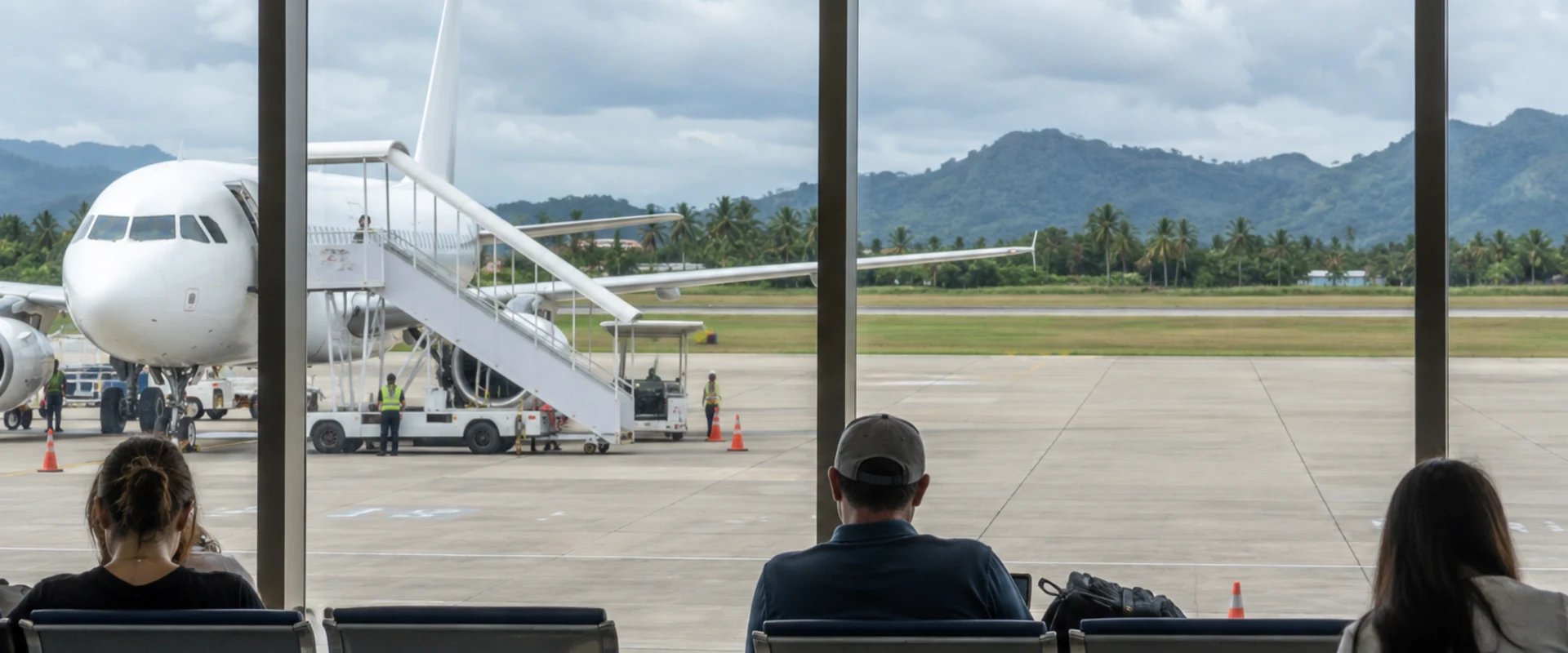Waiting seats overlooking a generic regional airport apron beneath an overcast sky in an AI-generated scene