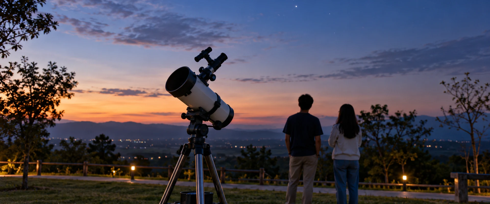 AI-generated photographic-style context image of a small telescope and two adults outdoors at dusk.