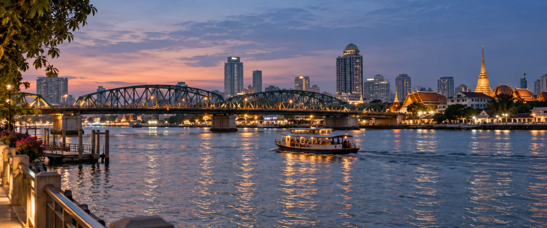 AI-generated photographic-style scene of an urban river, steel bridge and passenger boat at dusk.