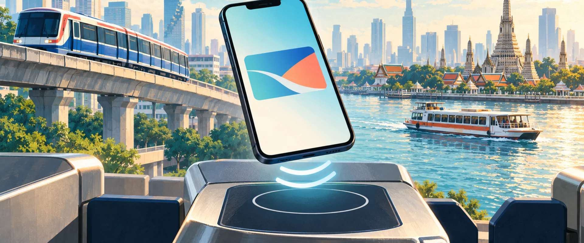 AI-generated illustration of a smartphone above a transit reader, with a Bangkok train and river boat.