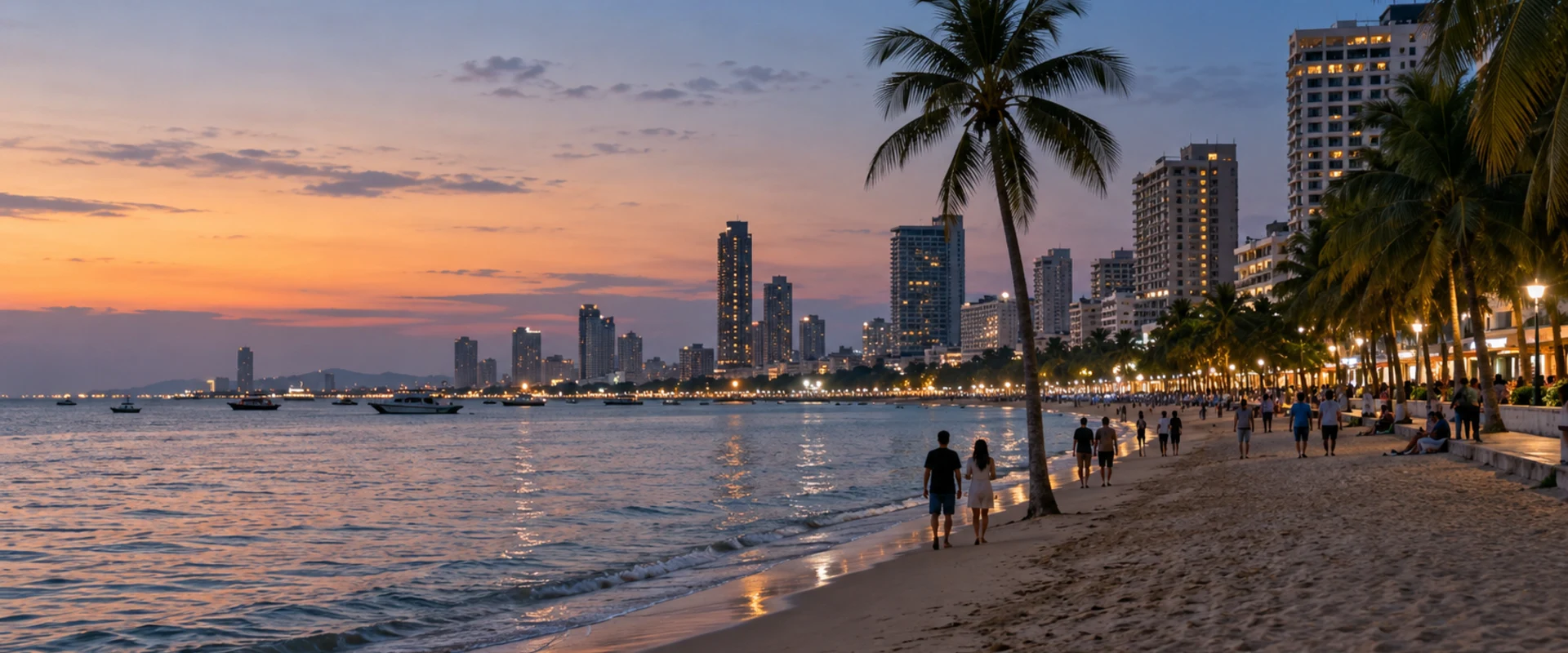 AI-generated photographic-style scene of a curved Thai urban beach and promenade at dusk.