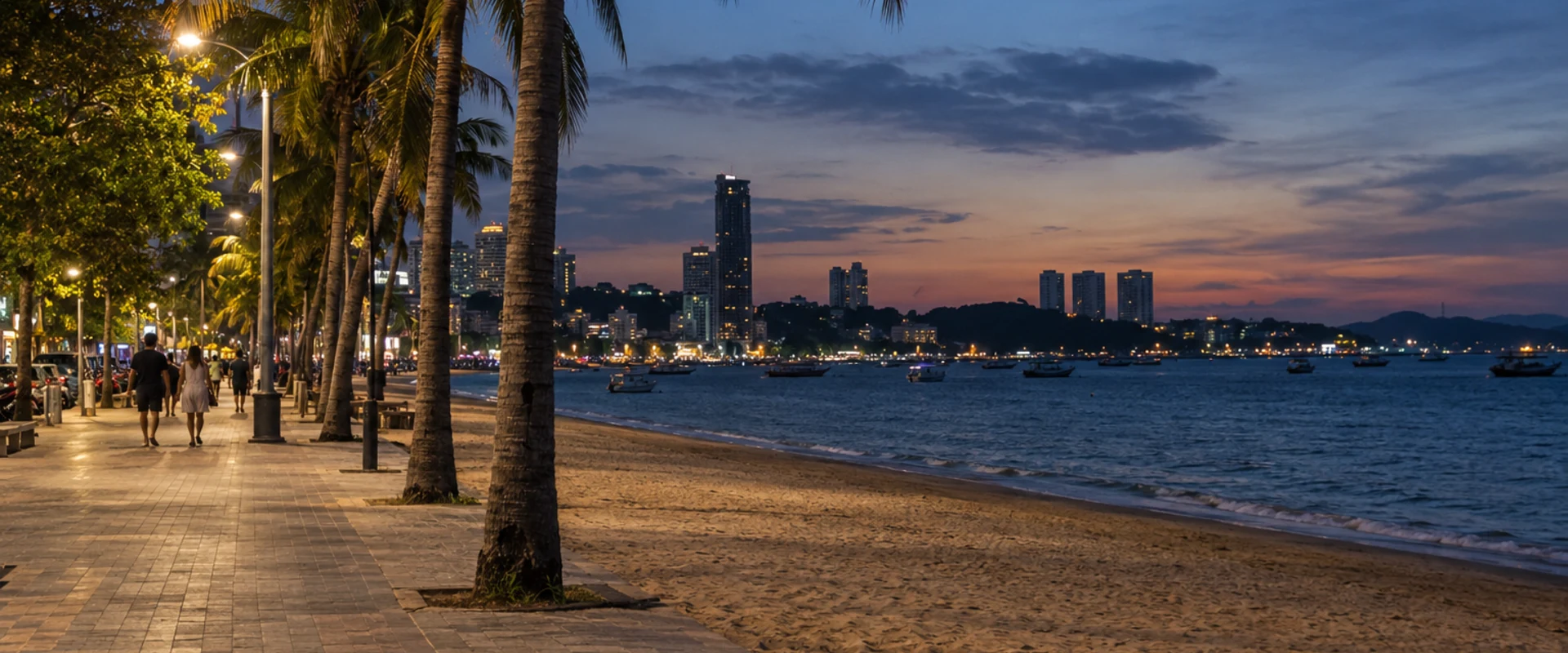 A palm-lined Thai urban beachfront promenade at dusk in an AI-generated contextual scene