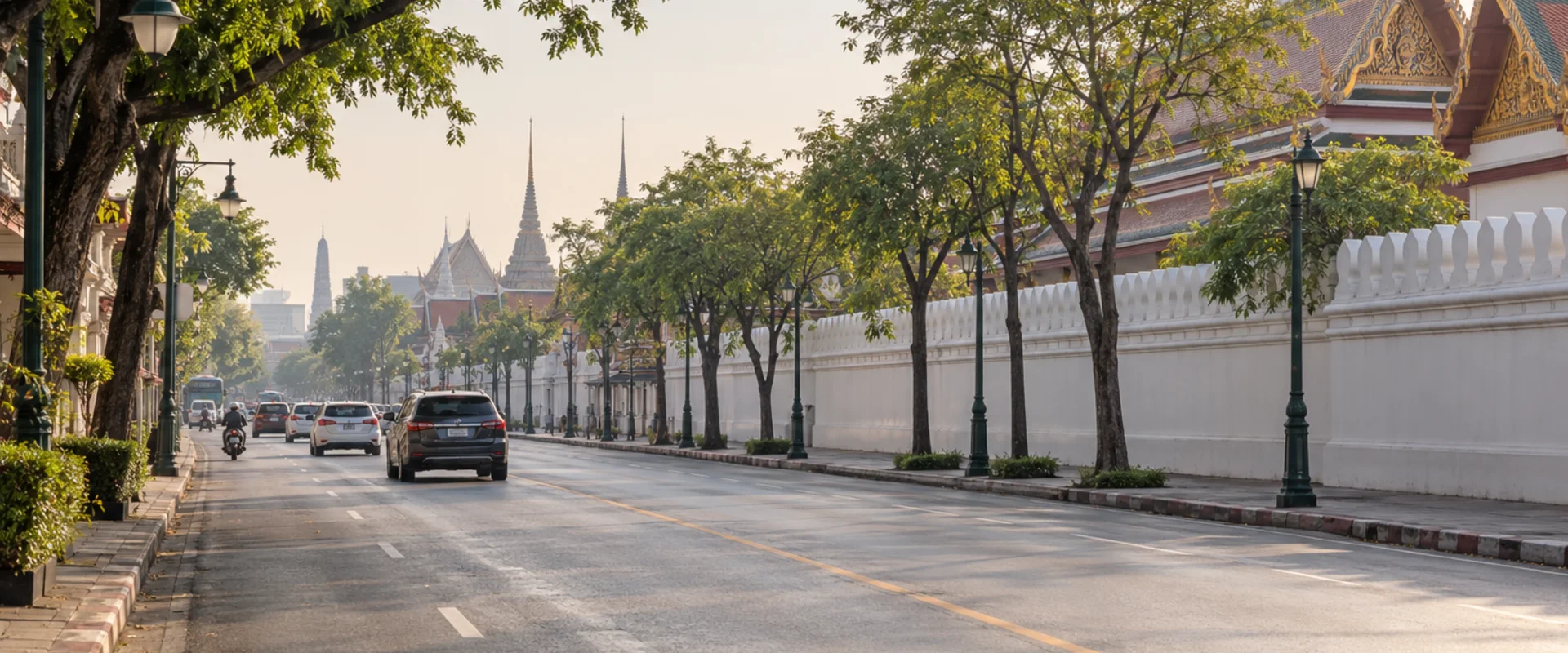 AI-generated photographic-style context image of a quiet Bangkok-style historic district street.