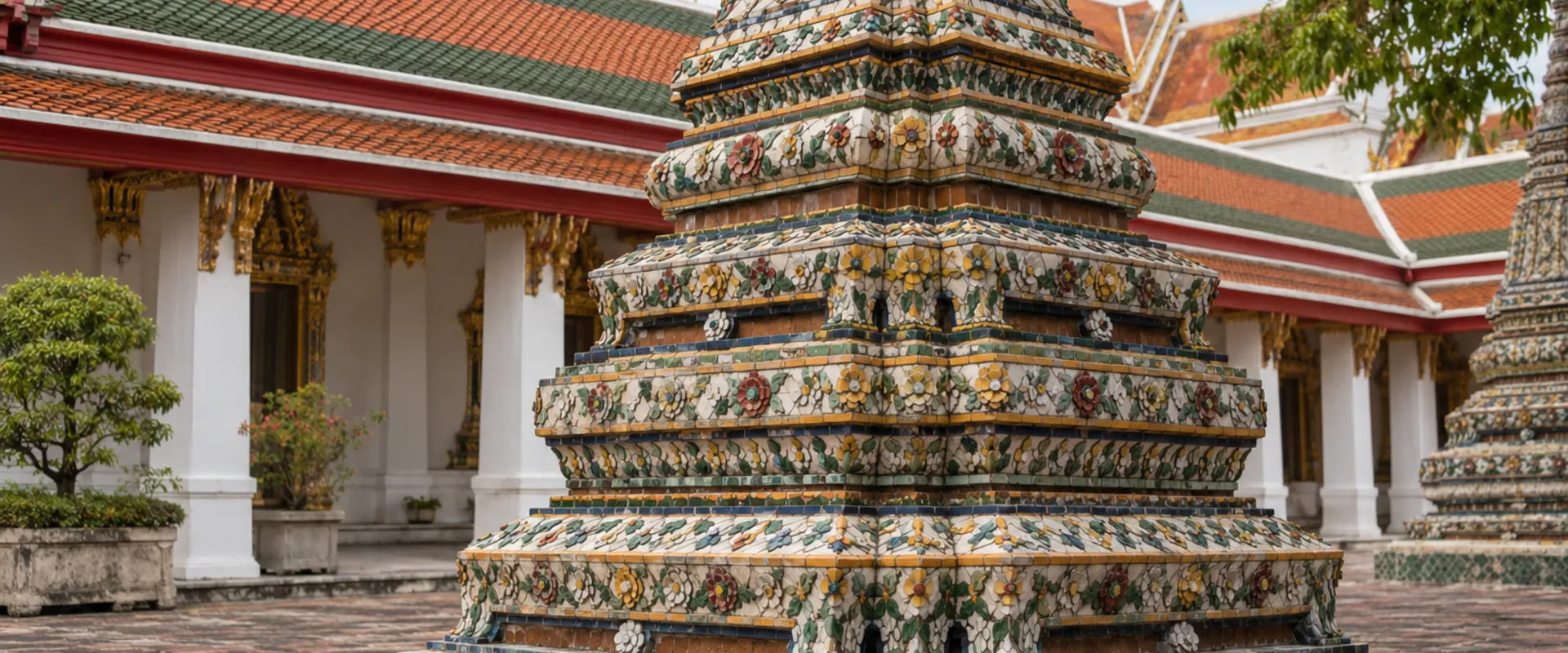 Ceramic mosaic temple architecture in a generic Bangkok-inspired courtyard, generated with AI