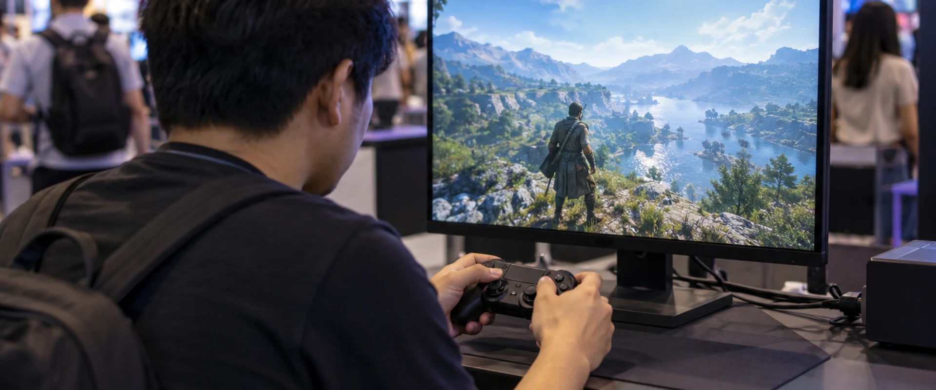 Anonymous adult using a game controller at a generic exhibition demonstration station in an AI-generated scene