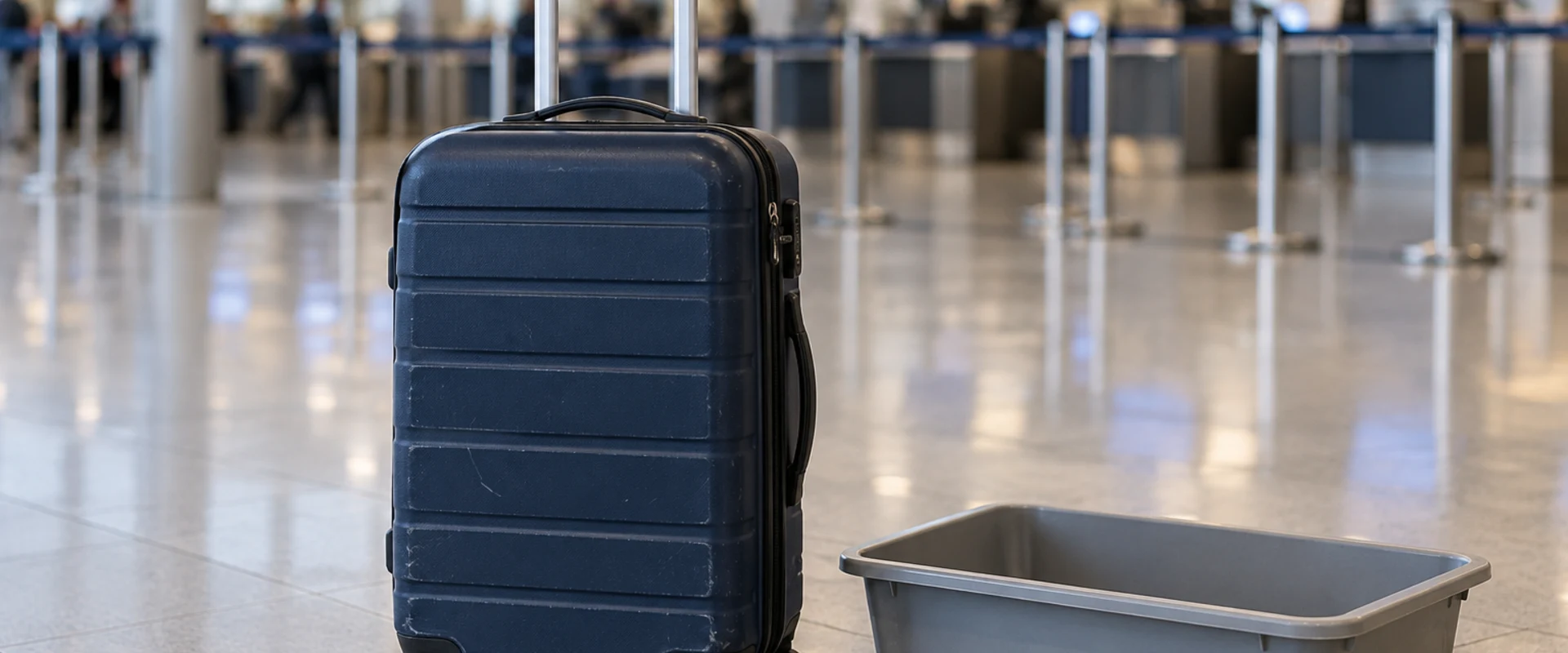 A generic suitcase and empty inspection tray at an airport in an AI-generated contextual scene