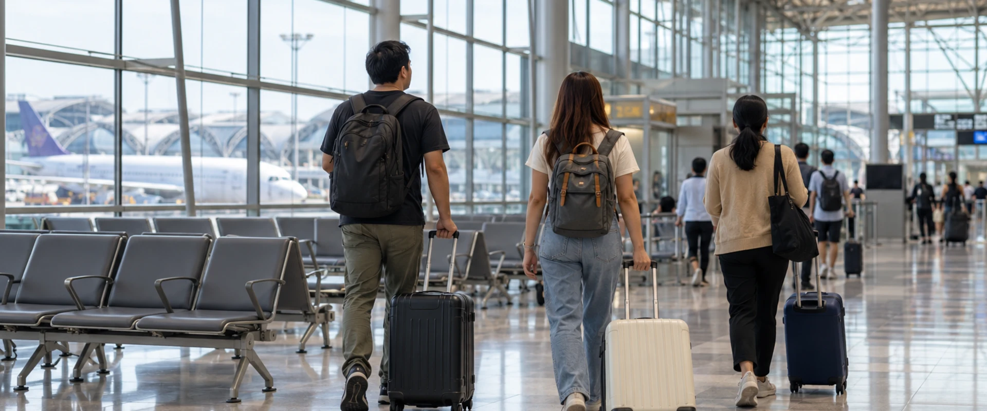 AI-generated photographic-style image of travellers walking with luggage through a modern airport departure concourse.