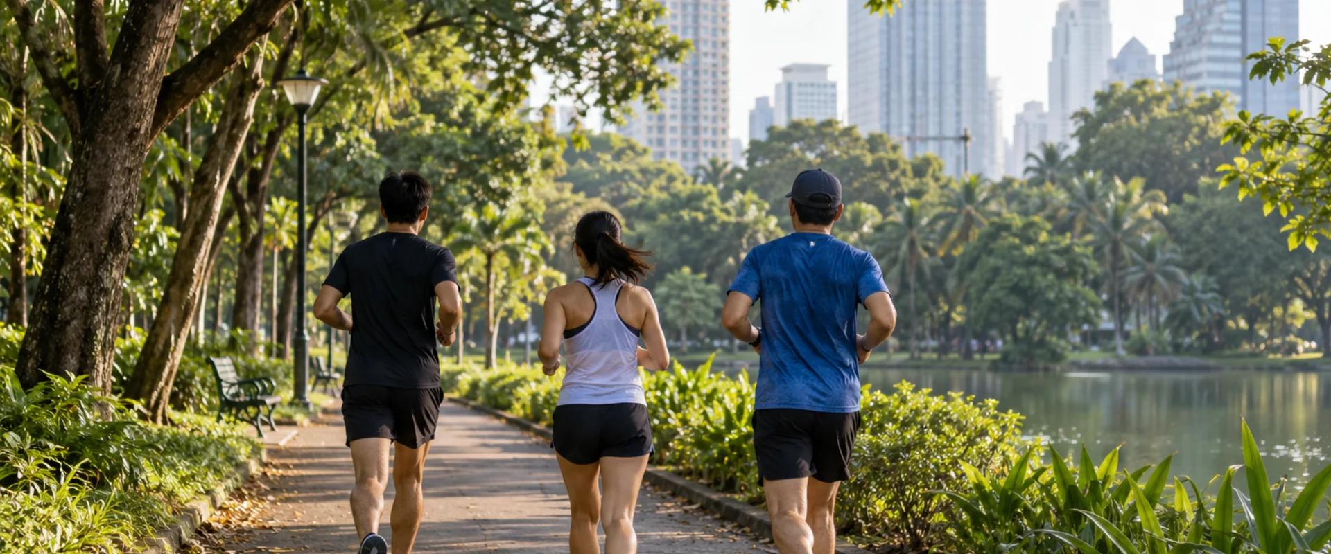 AI-generated photographic-style context image of three recreational runners in a Bangkok-style urban park.