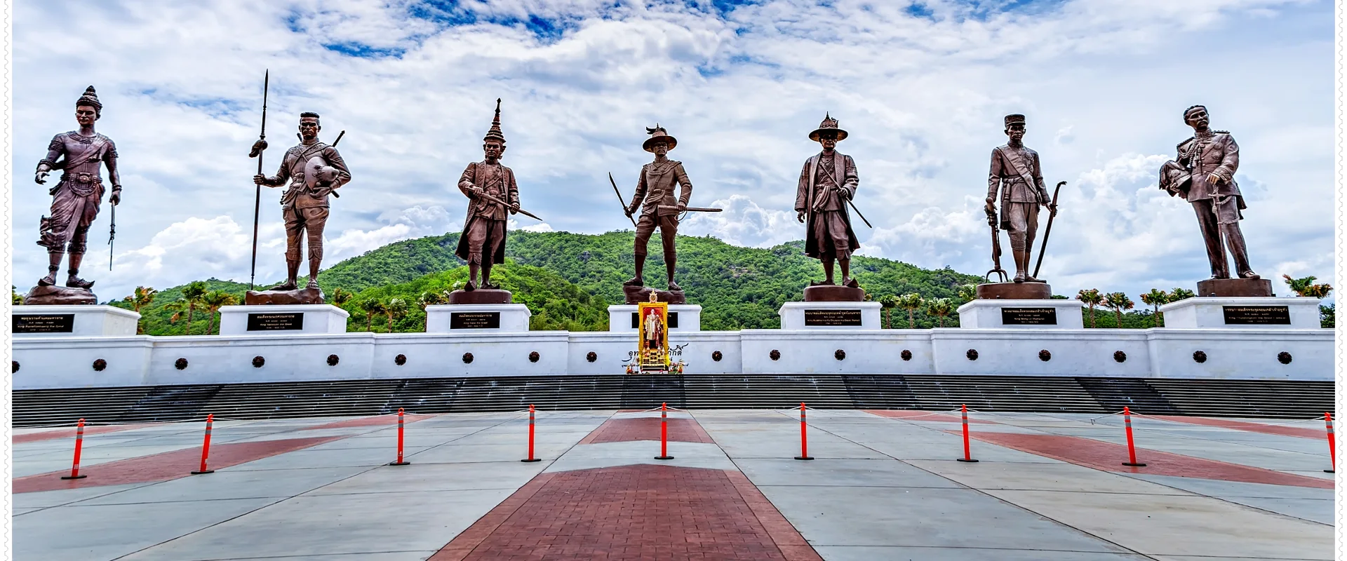 Rajabhakti Park royal statues, white plinths and ceremonial plaza against the hills in Nong Kae, Hua Hin.