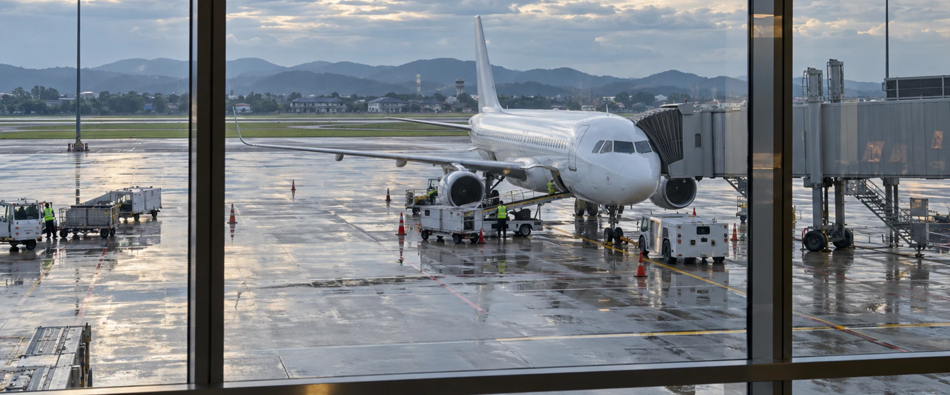 AI-generated photographic-style context image of a generic passenger aircraft at an airport gate after rain.