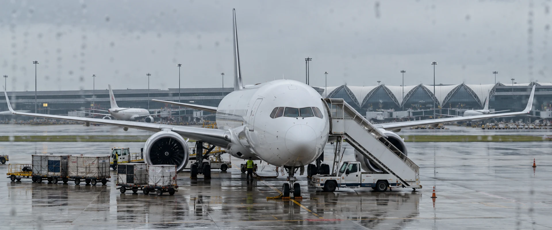 AI-generated photographic-style scene of an unbranded passenger aircraft parked on a wet airport apron beneath grey skies.