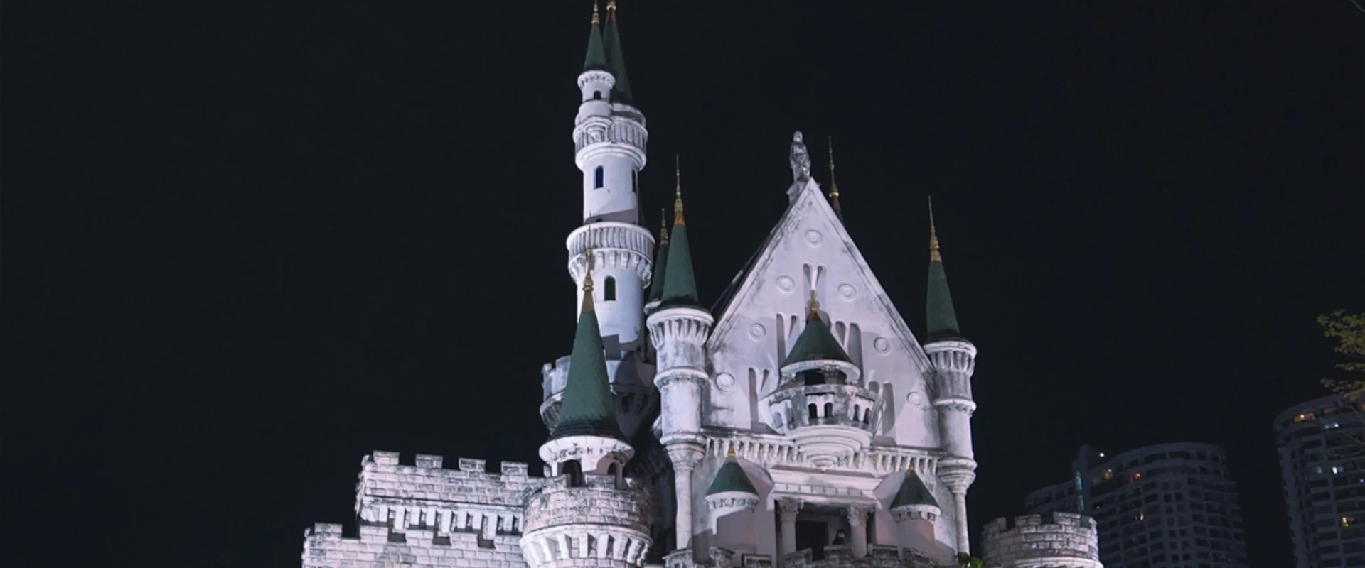 Illuminated Danneramit castle at Liabduan Danneramit Night Market in Chatuchak, Bangkok