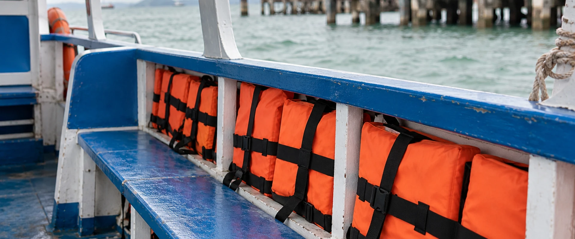 Orange life jackets beside a bench on a generic passenger boat in an AI-generated scene