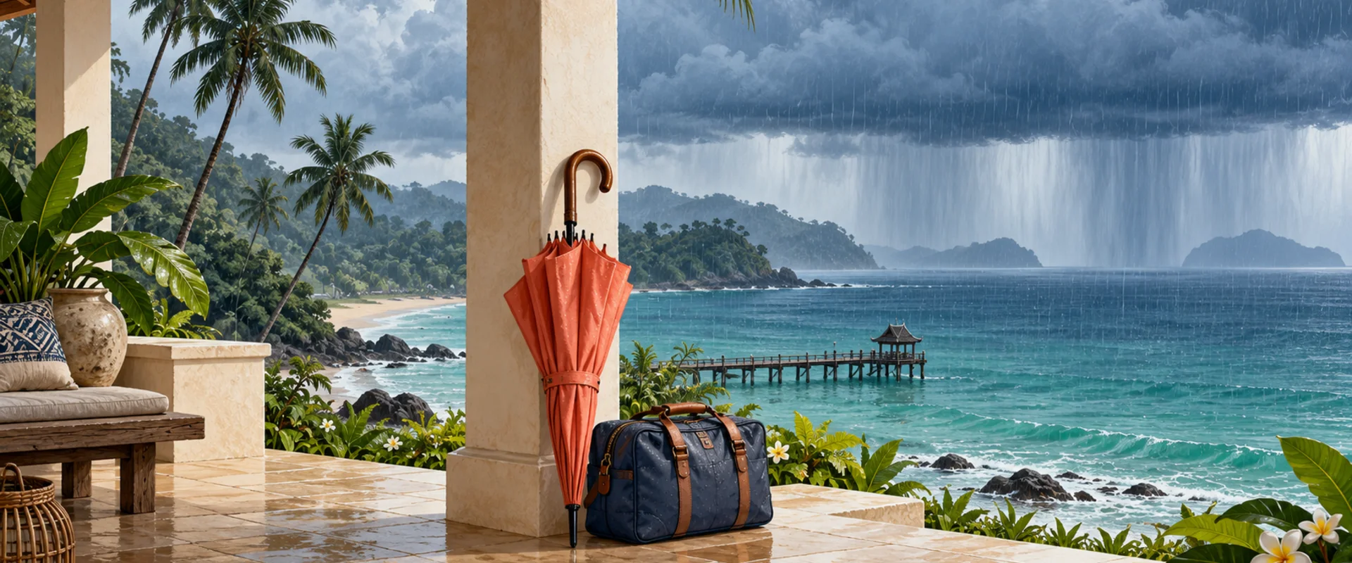 AI-generated illustration of an umbrella and travel bag under shelter beside a tropical coast in rain.