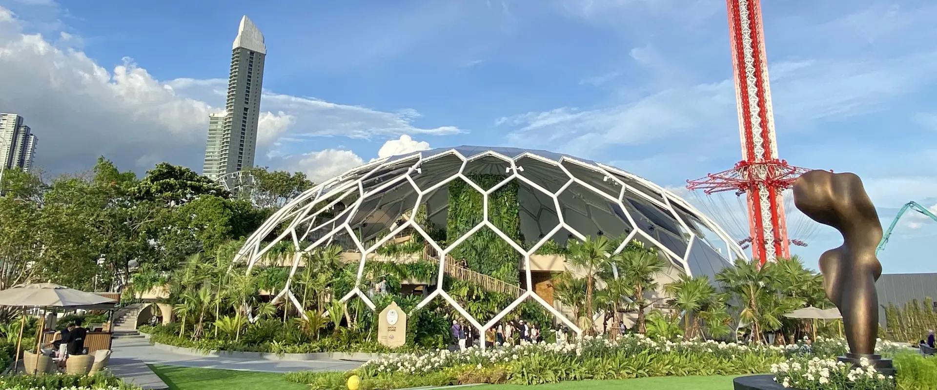 Hatch Dome’s hexagonal egg-shaped exterior beside the river at Asiatique