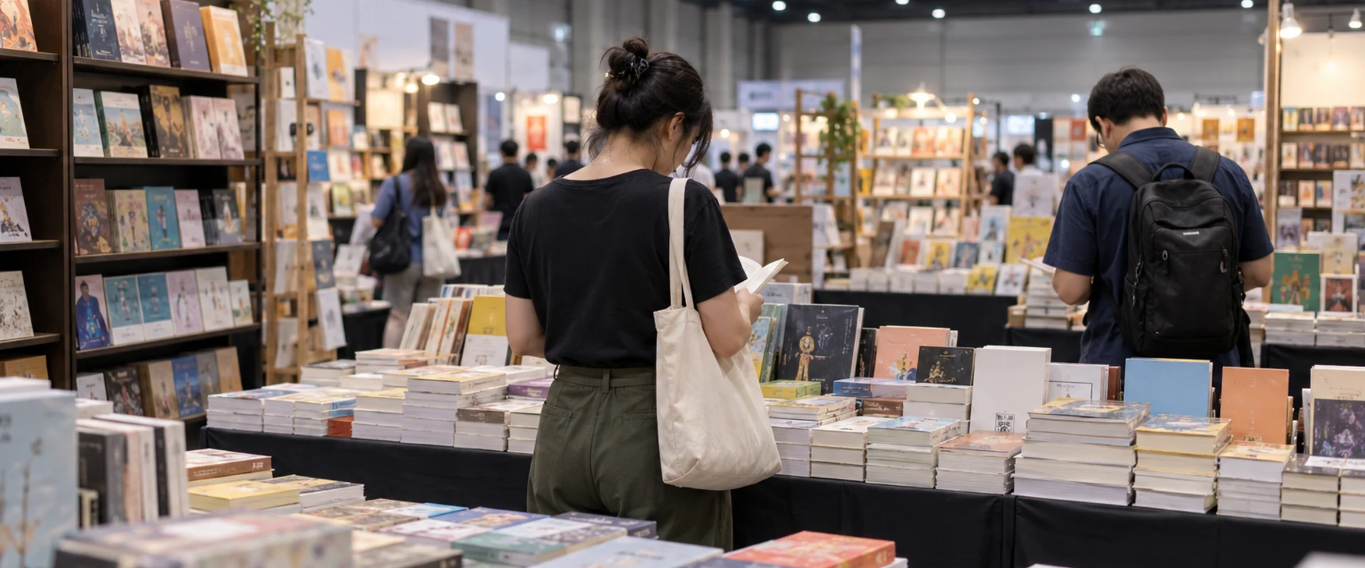 AI-generated photographic-style image of anonymous visitors browsing book tables inside a modern exhibition hall.