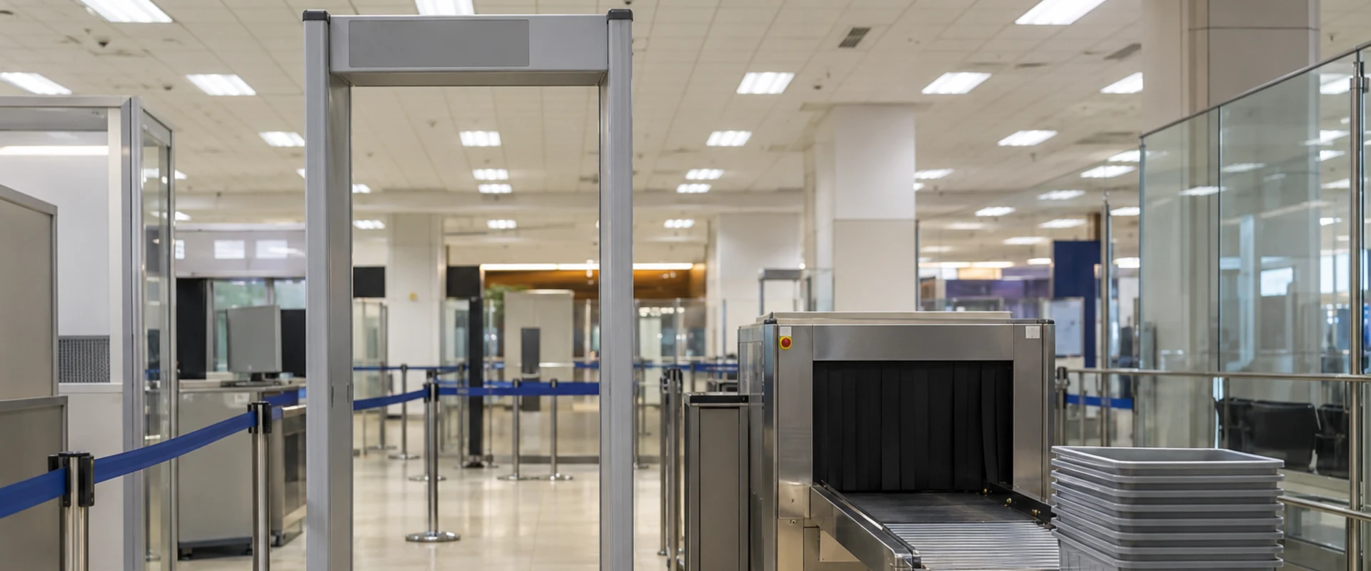 A generic airport walk-through detector and baggage screening conveyor in an AI-generated scene