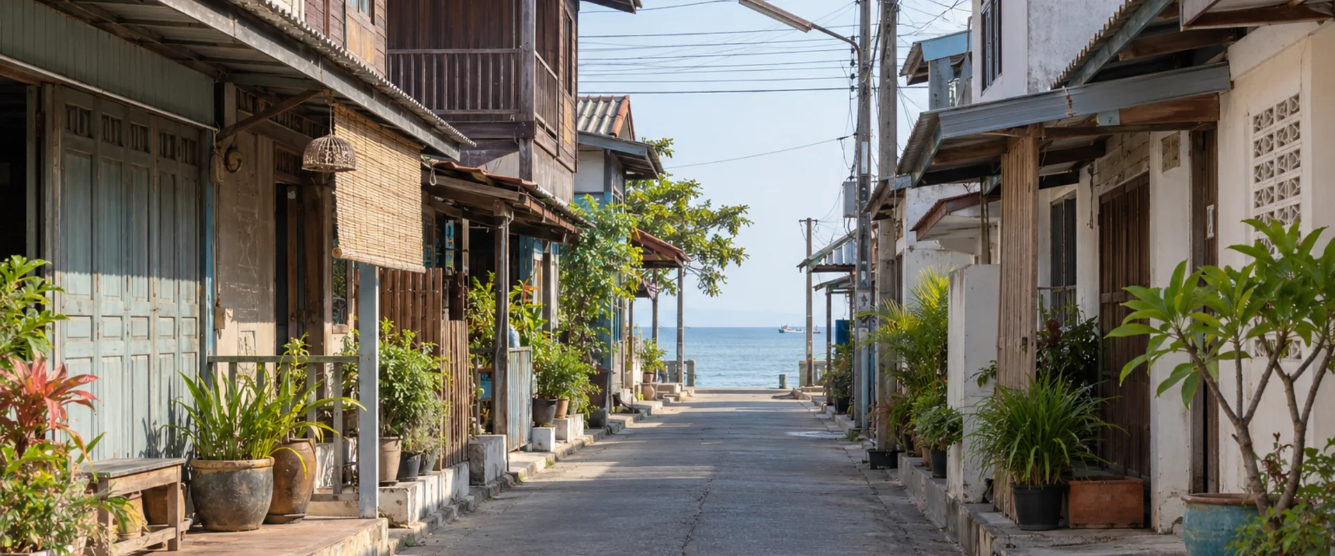 AI-generated photographic-style context image of a quiet Thai coastal lane with older low-rise buildings.