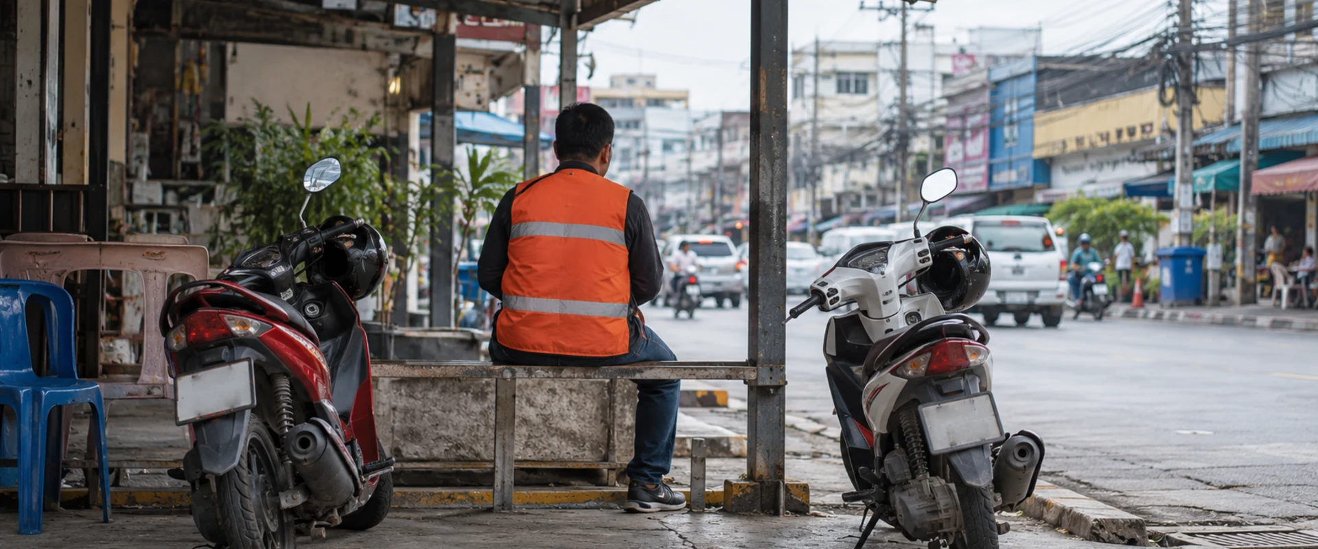 AI-generated photographic-style scene of an anonymous rider in an orange vest beside parked scooters at a Thai roadside stand.