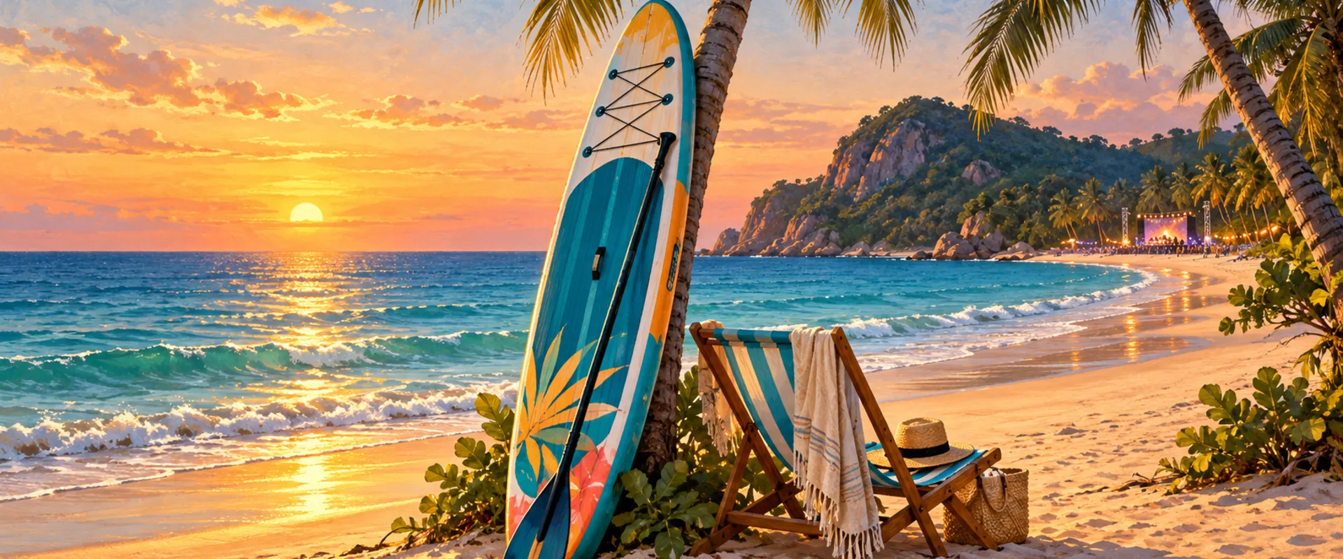 AI-generated illustration of a paddleboard and beach chair beside a Thai beach and distant music stage.