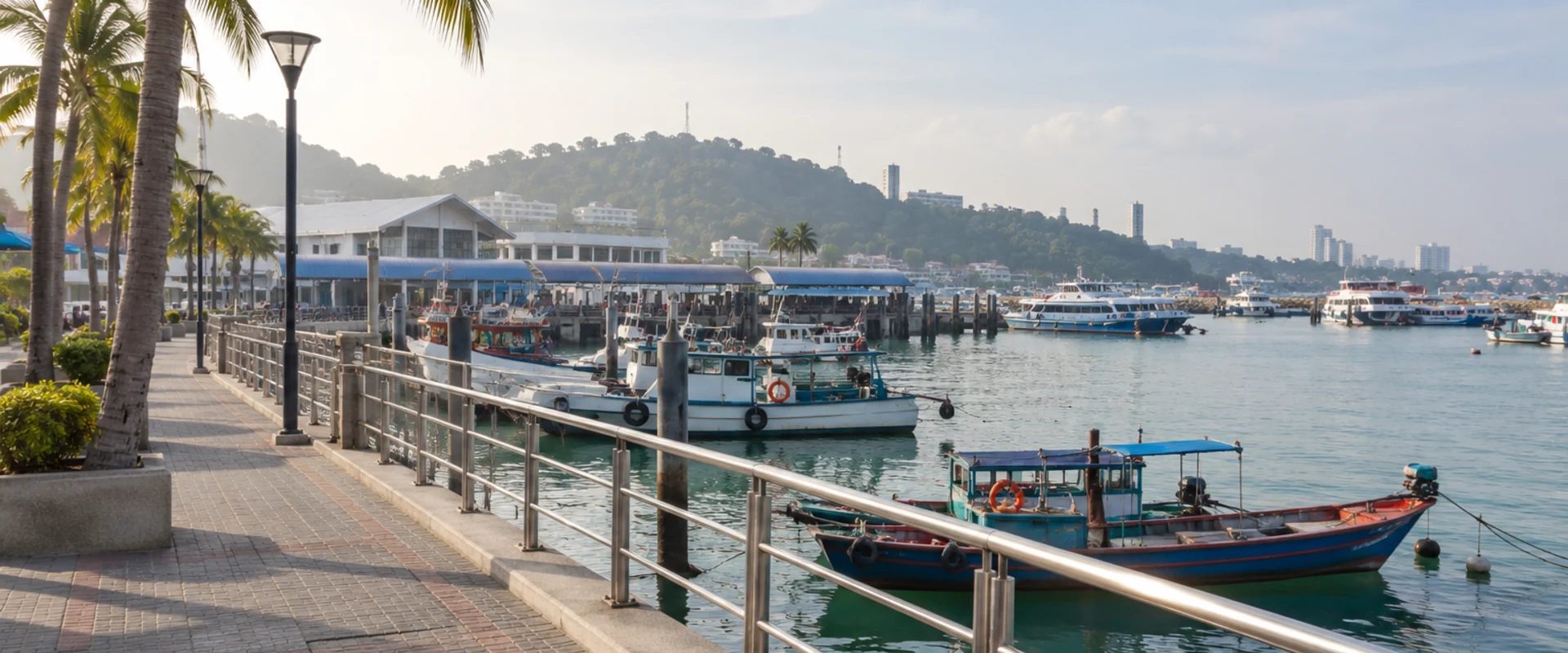 AI-generated photographic-style context image of a Thai coastal harbour and pedestrian pavement.