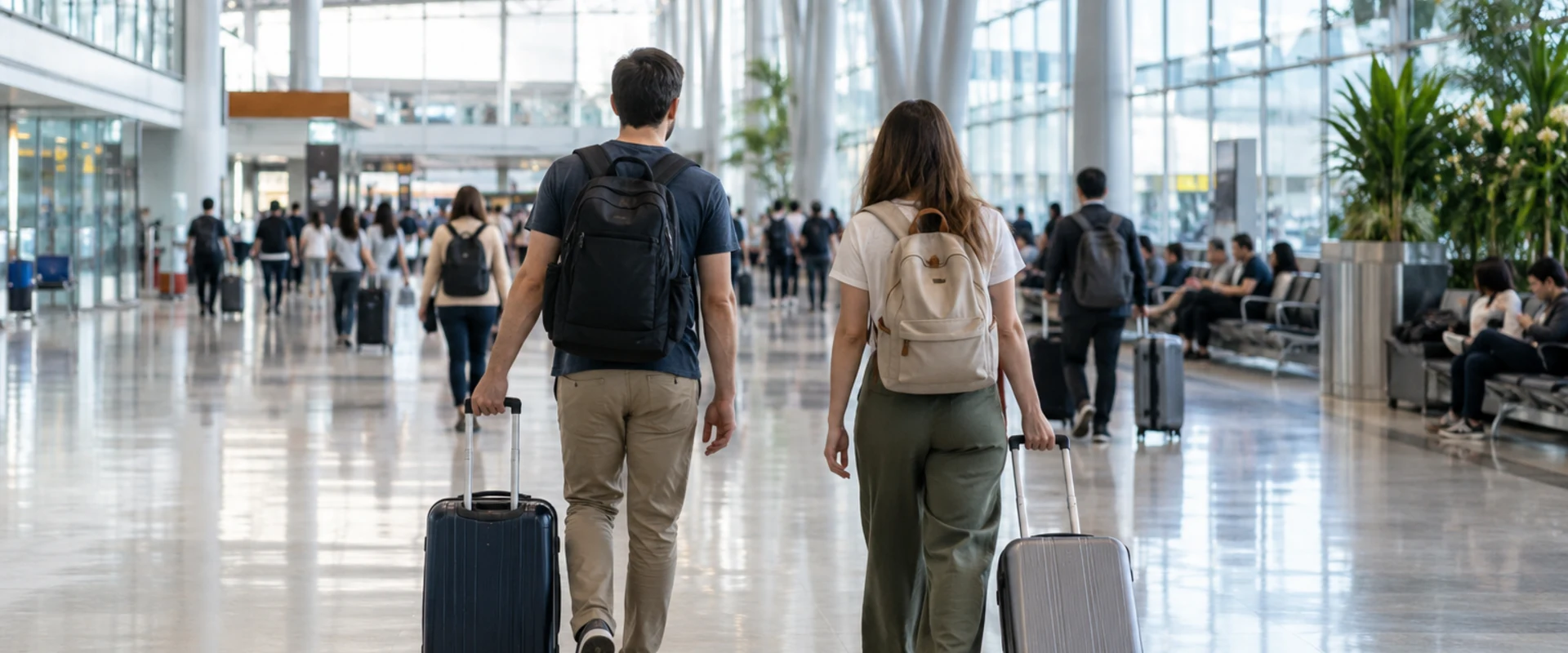 Anonymous travellers walking through a generic airport terminal in an AI-generated contextual image